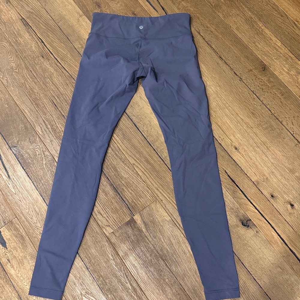 High-Waisted grayish blue Leggings by lululemon.  Full length